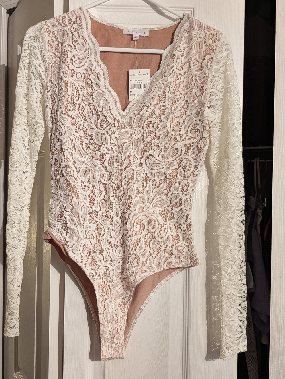 Socialite Cream Lace Long-Sleeve Bodysuit with Nude Lining From Nordstrom Rack